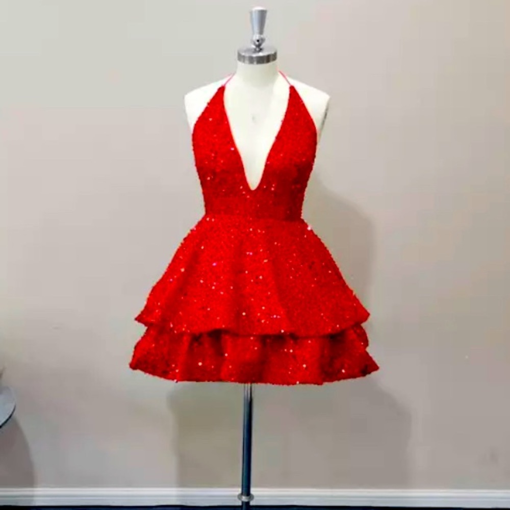 Red Backless Tiered Sequins Dress!